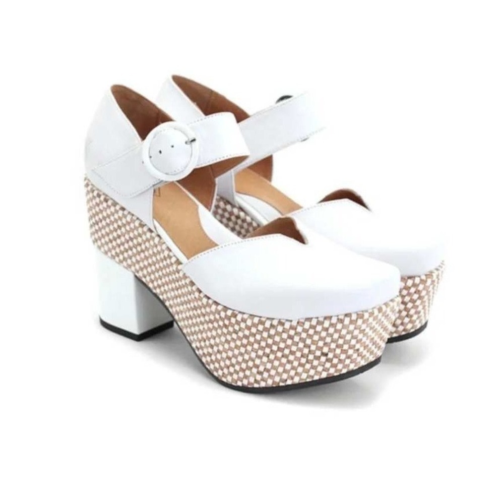 John Fluevog Ana Rita Platform Mary Jane 9 White Leather Woven Cork Block Heel